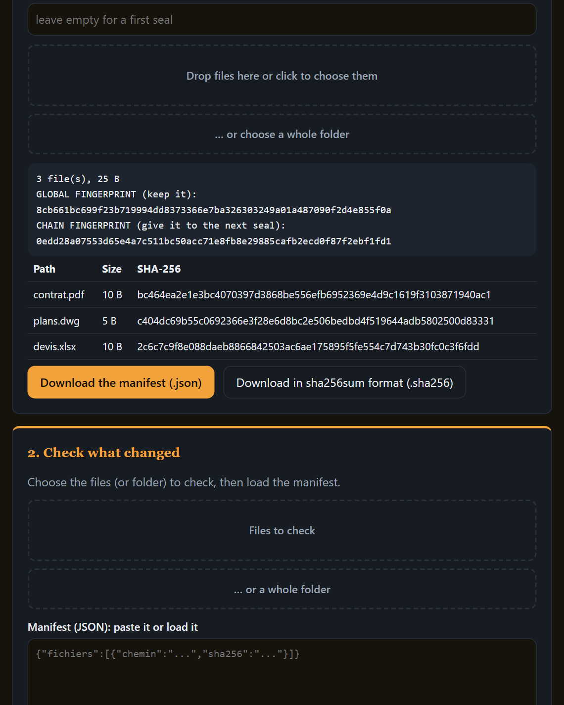 Screenshot of ChainProof: three files sealed with their manifest